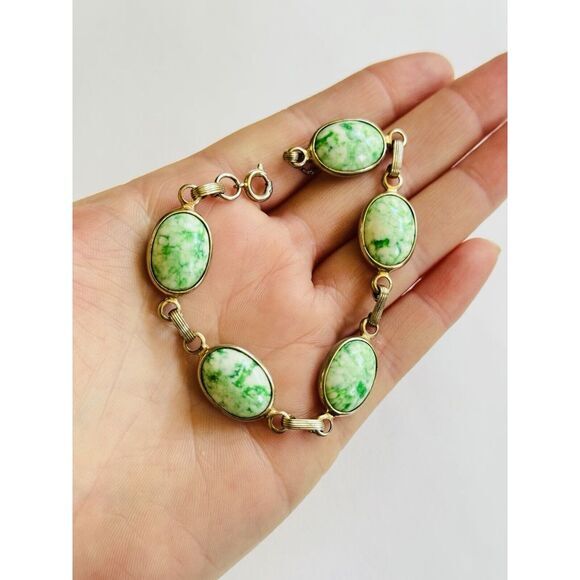 Bracelet VTG Regal Czech Green Glass Cabochon Link Silver Plated Rare Chunky 50s - Picture 1 of 7